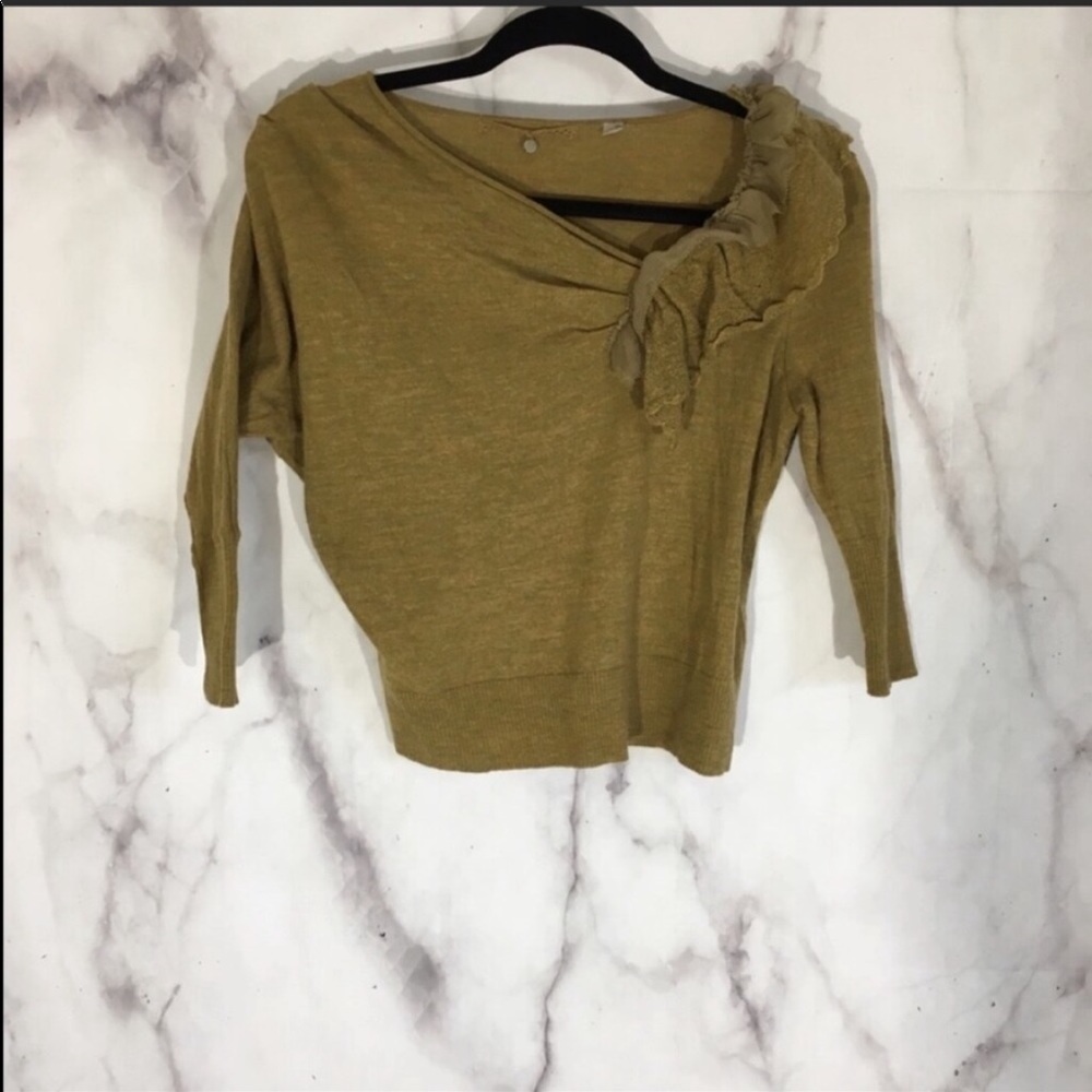 Anthropologie Olive Green Ruffle Accent Sweater